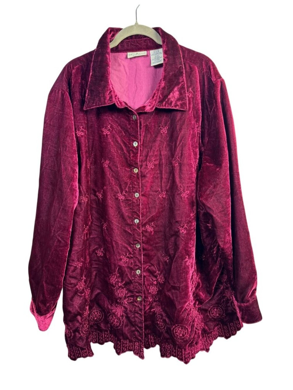 White Stag Harvest Wine Velvet Button Up Top Embroidered Floral Plus Sz 22W 24W